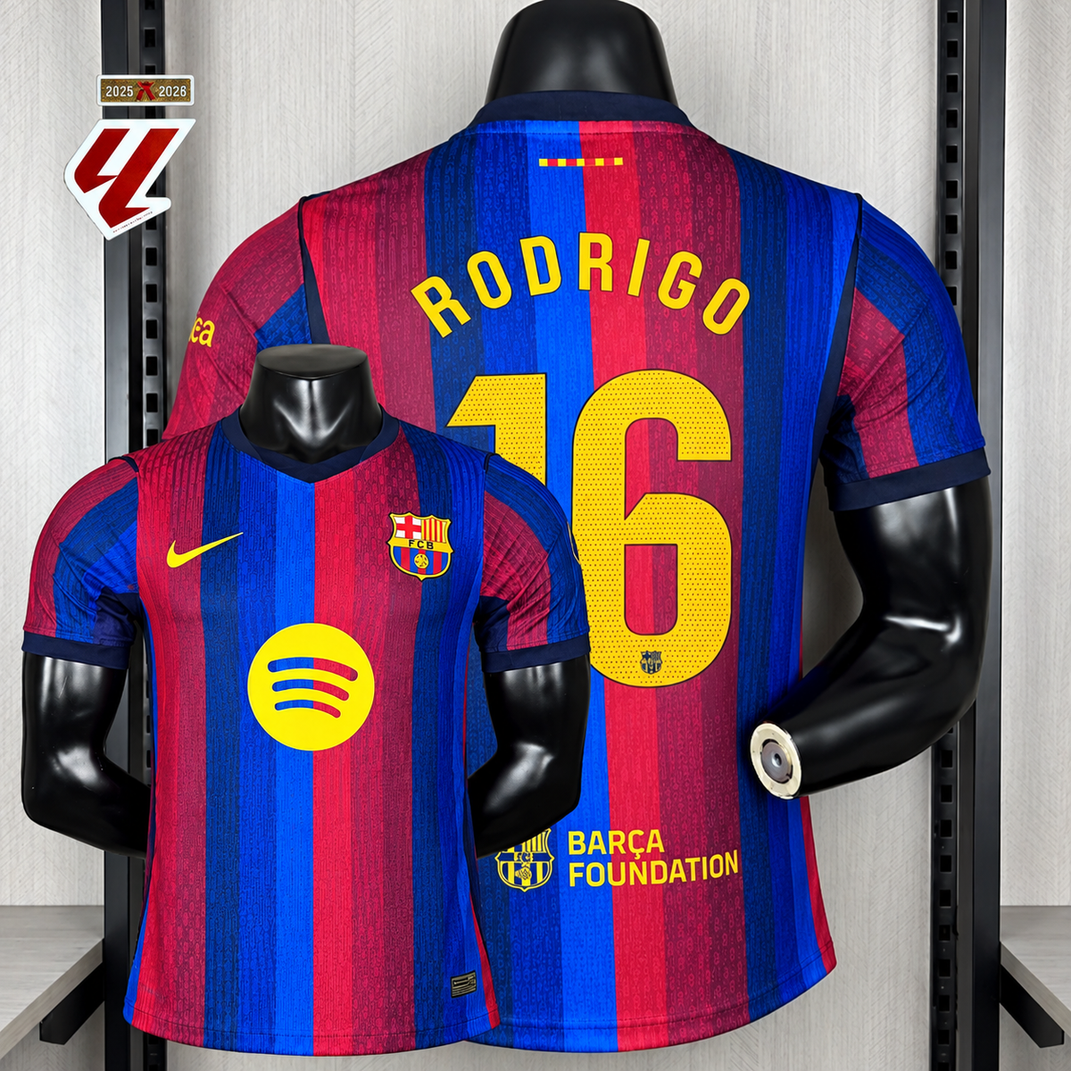 FC Barcelona 2026-27 Home Player Version Jersey | Rodrigo #16 or Custom Name & Number | La Liga Patch | S–3XL