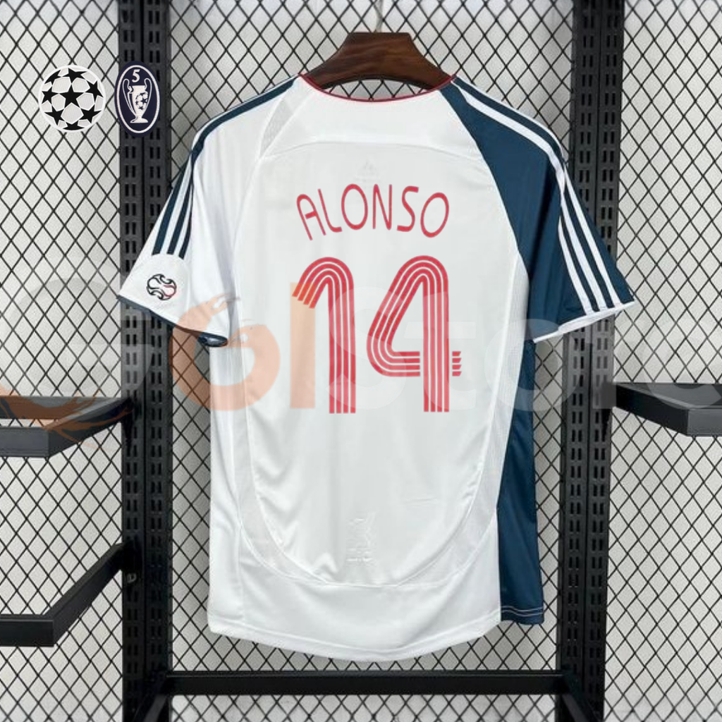 2006-2007 Liverpool Retro White Away Short Sleeve Jersey #14 Alonso Personalized UCL Patch
