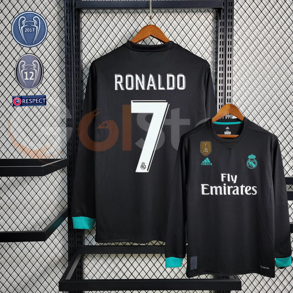 2017/18 Real Madrid Retro Away Black Jersey Long Sleeve #7 Ronaldo UCL Personalized