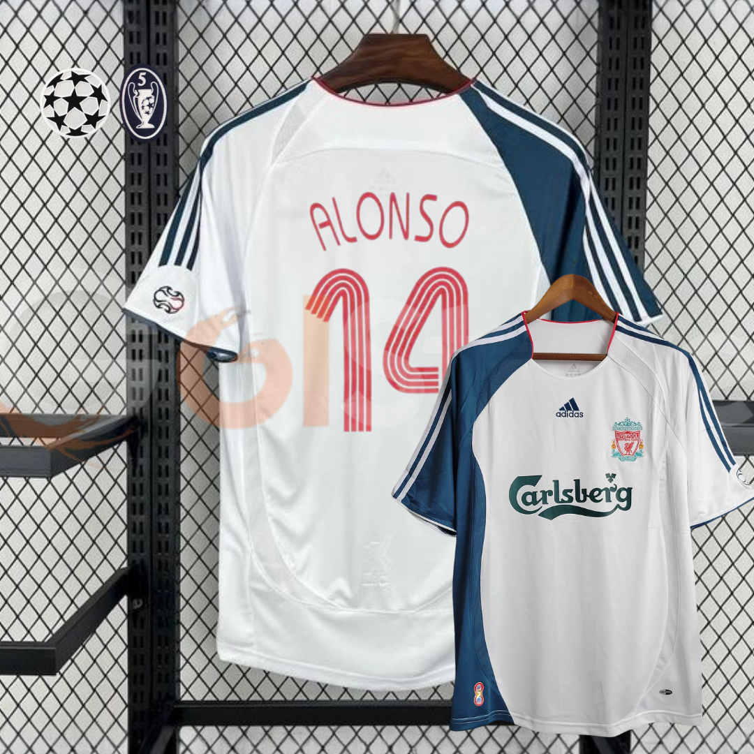 2006-2007 Liverpool Retro White Away Short Sleeve Jersey #14 Alonso Personalized UCL Patch