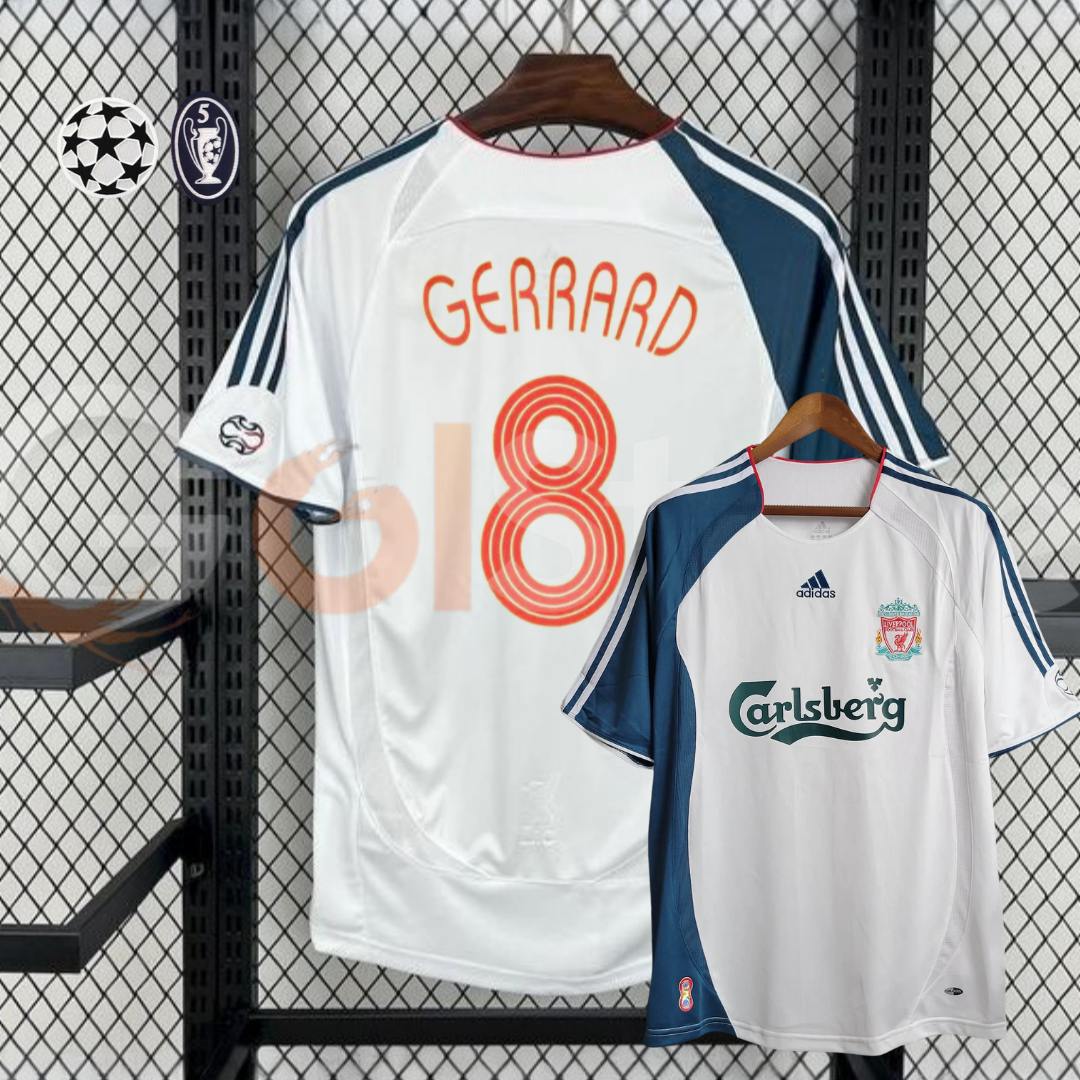 2006-2007 Liverpool Retro White Away Short Sleeve Jersey #8 Gerrard Personalized UCL Patch