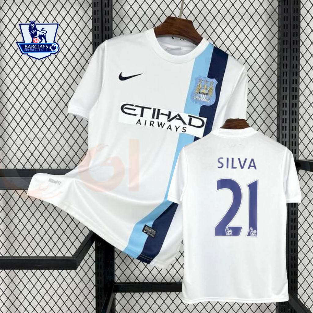 Manchester City 2013-2014 Retro Away White Jersey #21 Silva Personalized PL Patch