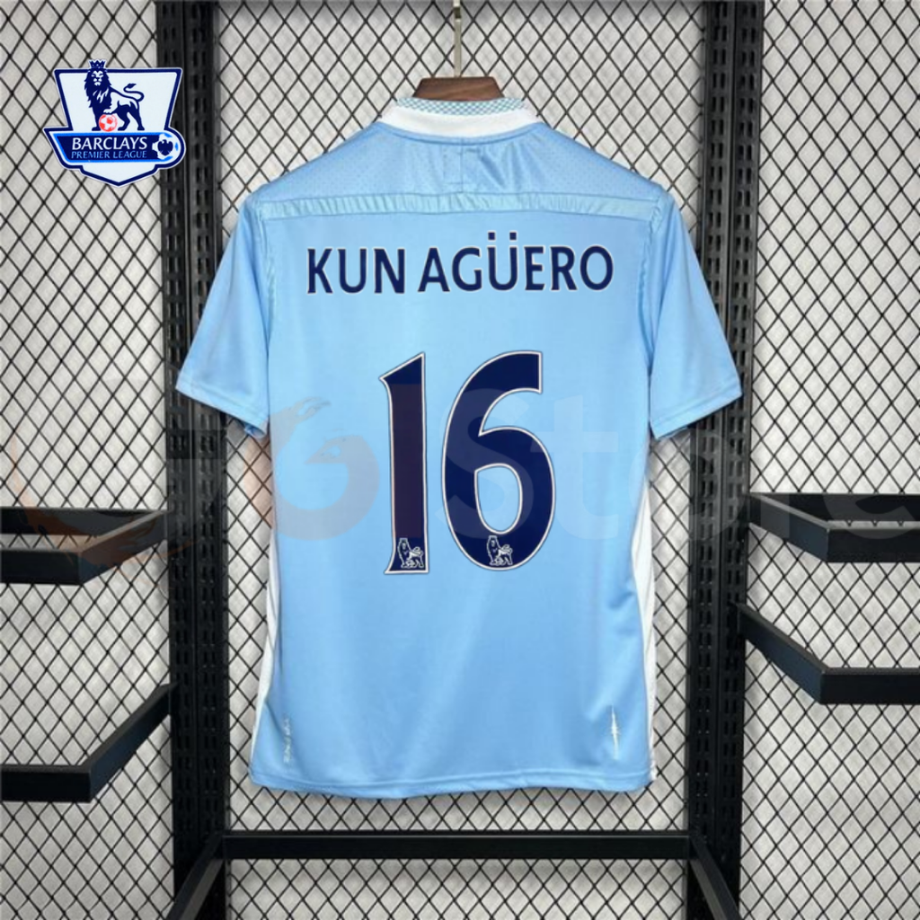 Manchester City 2011-2012 Retro Home Short Sleeve Jersey #16 Kun Aguero Personalized PL Patch Rare