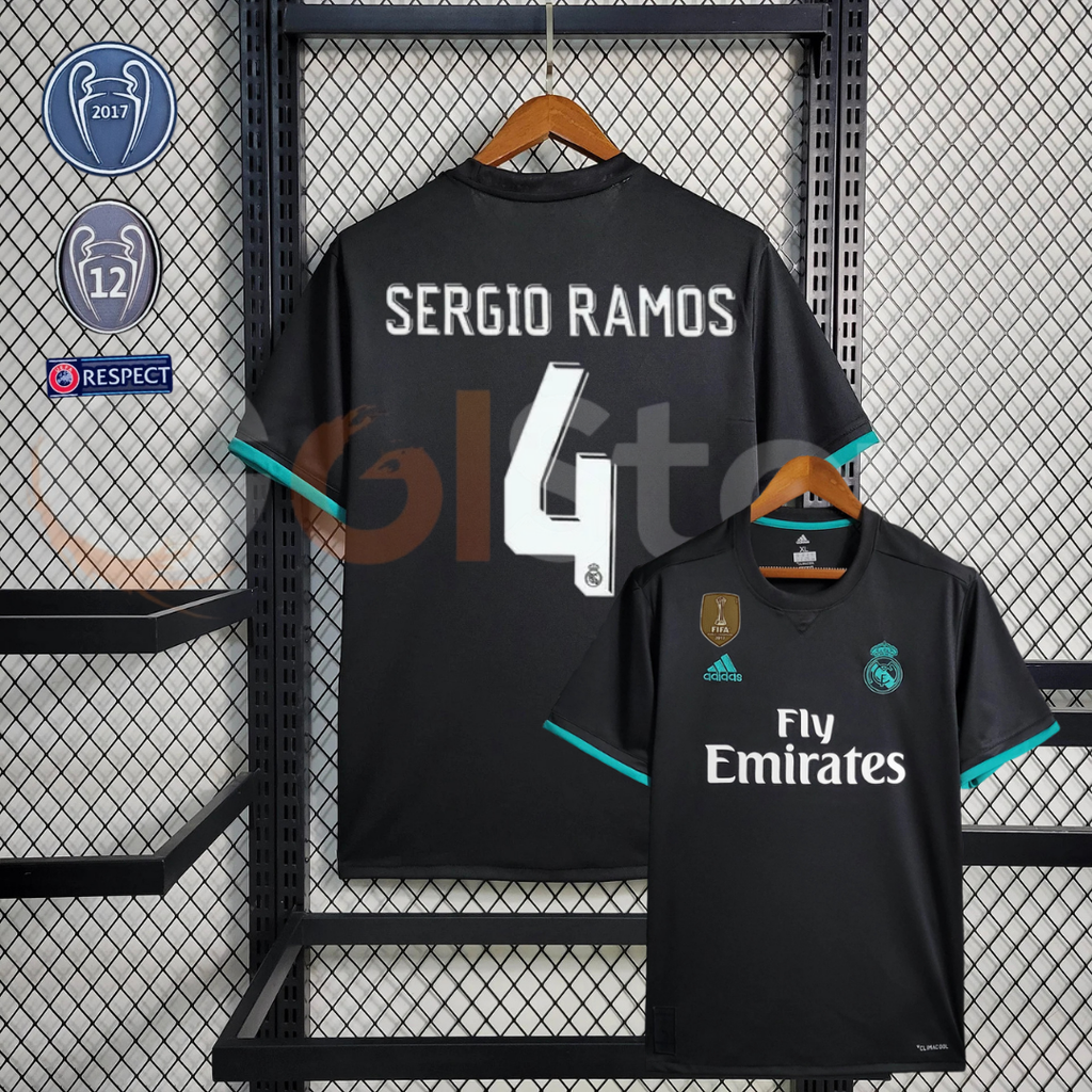 2017/18 Real Madrid Retro Away Black Jersey #4 Sergio Ramos UCL Personalized