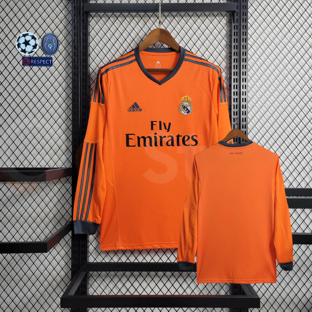 2013/14 Real Madrid Retro Away Orange Long Sleeve Jersey UCL Patch Personalized