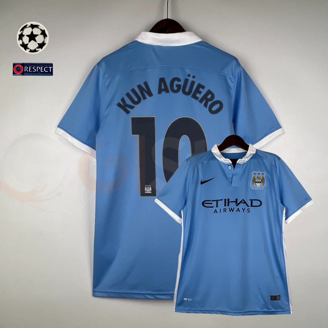 Manchester City 2015-2016 Retro Home Short Sleeve Jersey #10 Aguero UCL Patch Personalized Rare
