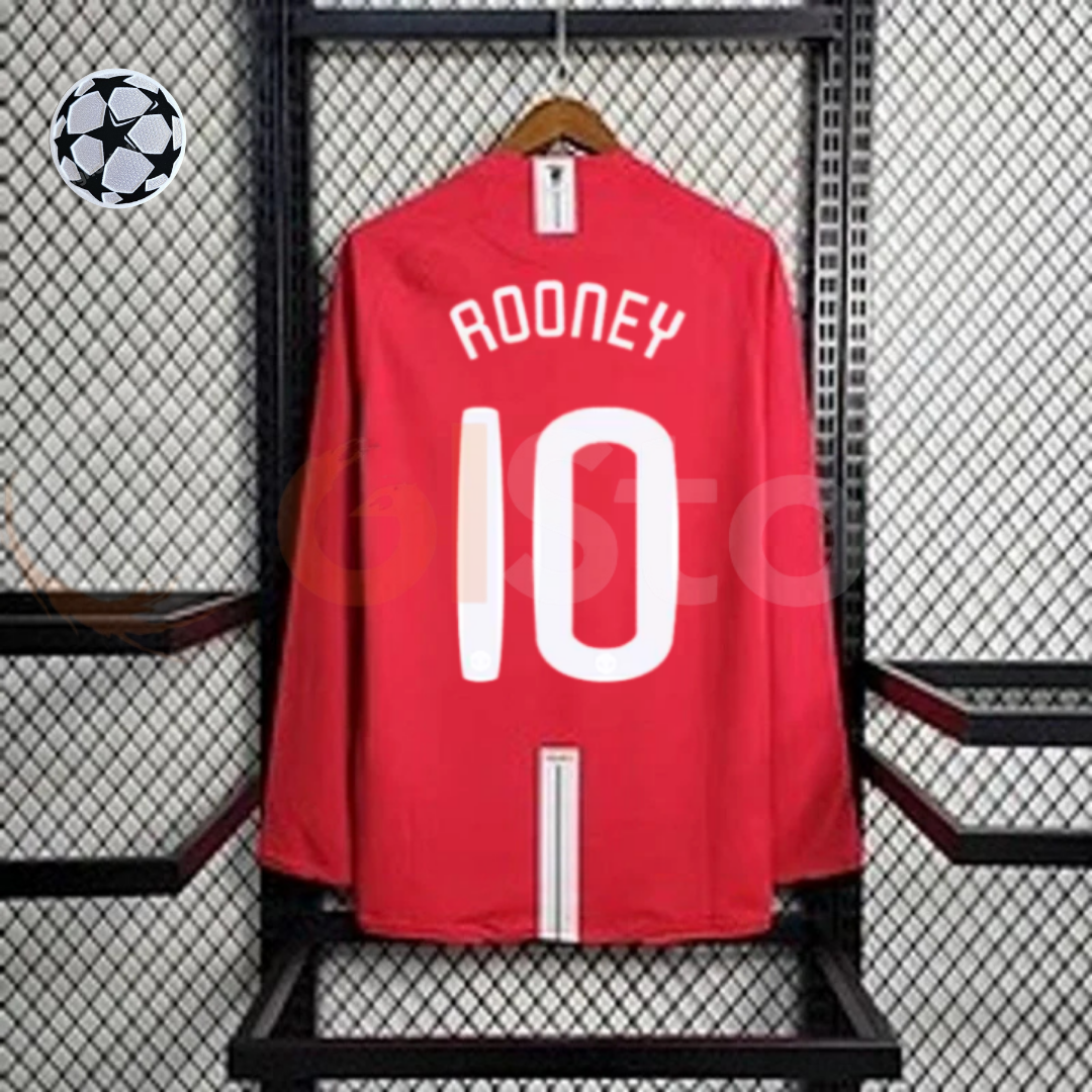 Manchester United 2007-2008 Retro UCL Final Long Sleeve Jersey #10 Rooney Personalized UCL Rare