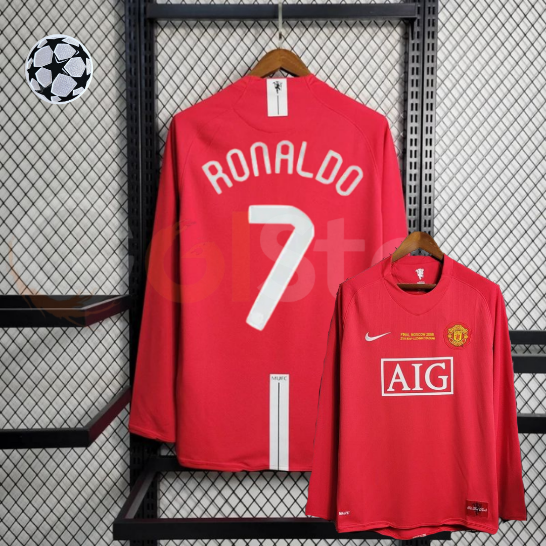 Manchester United 2007-2008 Retro UCL Final Long Sleeve Jersey #7 Ronaldo Personalized UCL Rare