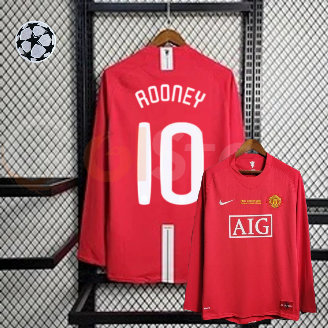 Manchester United 2007-2008 Retro UCL Final Long Sleeve Jersey #10 Rooney Personalized UCL Rare