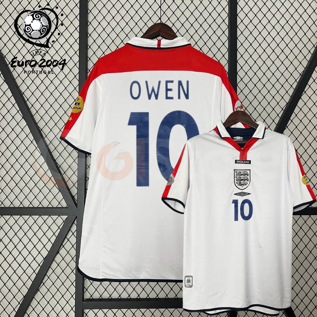 Front and back views of a white England short-sleeve retro jersey with red shoulder panels, dark blue Owen number 10 print and sleeve patches, alongside a EURO 2004 graphic.