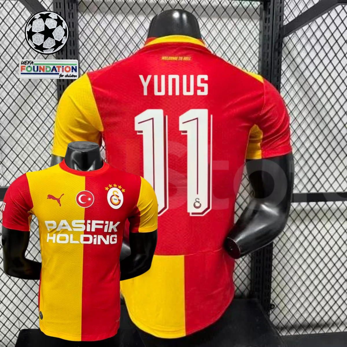 Front and back views of a red and yellow Galatasaray short-sleeve home jersey with white Yunus number 11 print and Pasifik Holding sponsor.