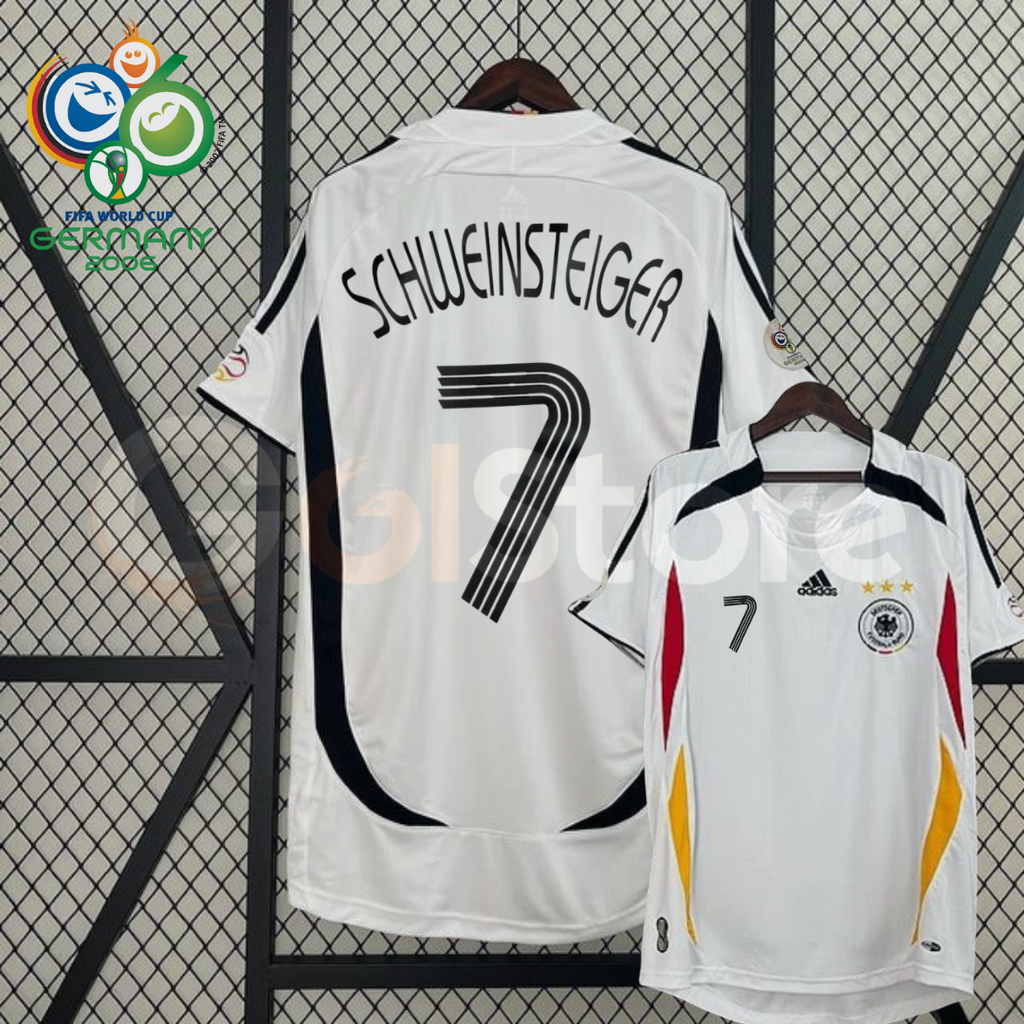 Front and back views of a white Germany 2006 retro short-sleeve home jersey with black, red and gold details, Schweinsteiger number 7 print and World Cup sleeve patches.