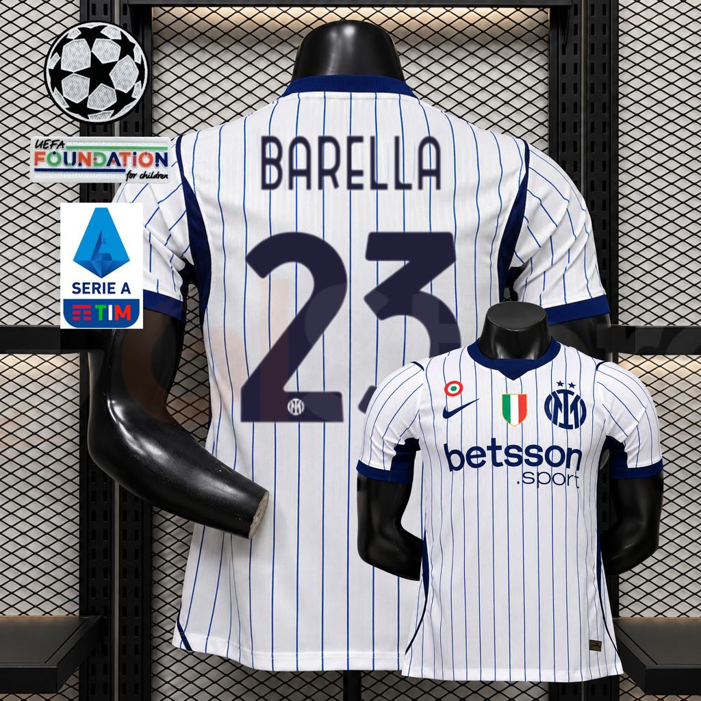  Front and back views of a white Inter Milan short-sleeve jersey with blue pinstripes, navy Barella number 23 print and Betsson Sport sponsor, alongside UCL and Serie A graphics.