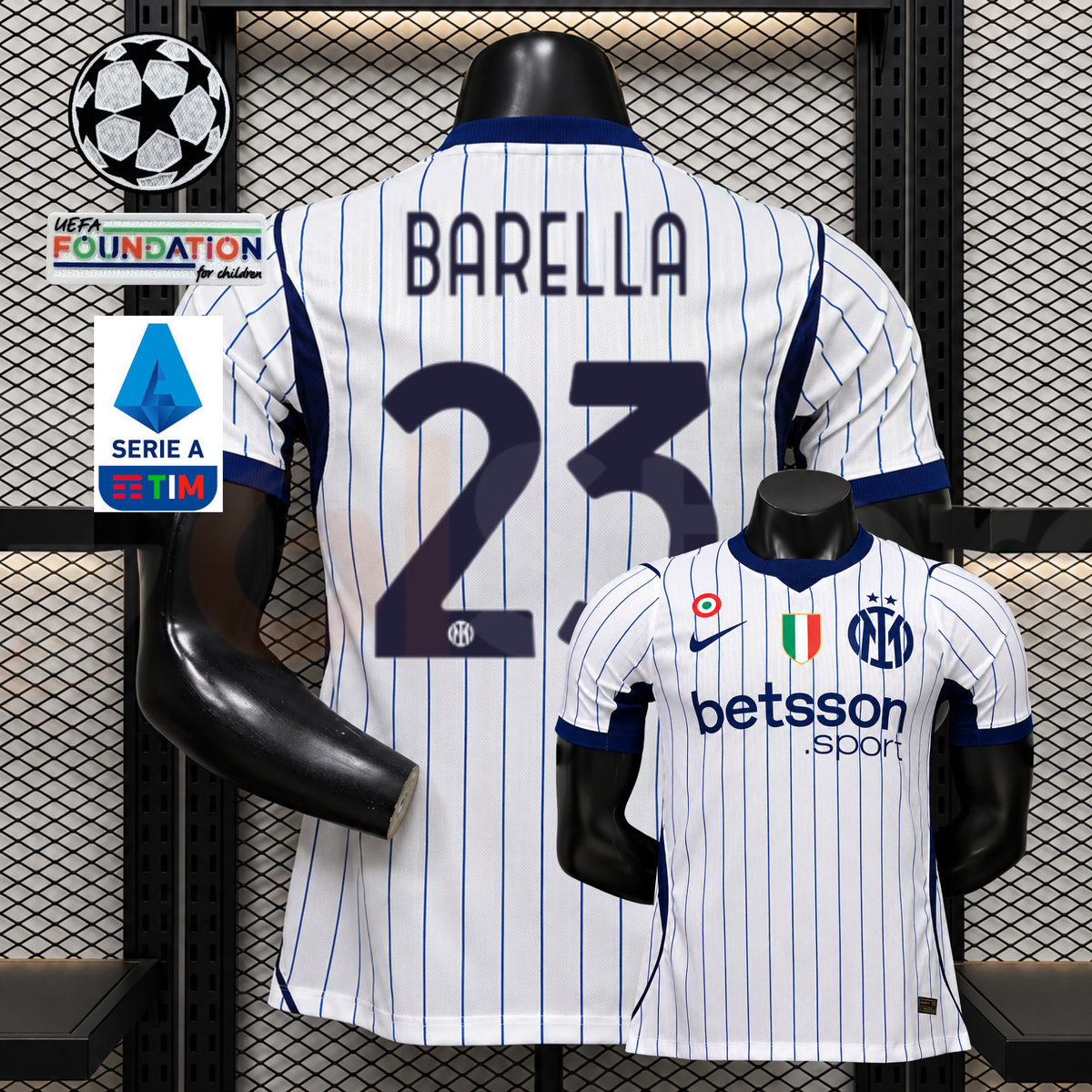  Front and back views of a white Inter Milan short-sleeve jersey with blue pinstripes, navy Barella number 23 print and Betsson Sport sponsor, alongside UCL and Serie A graphics.