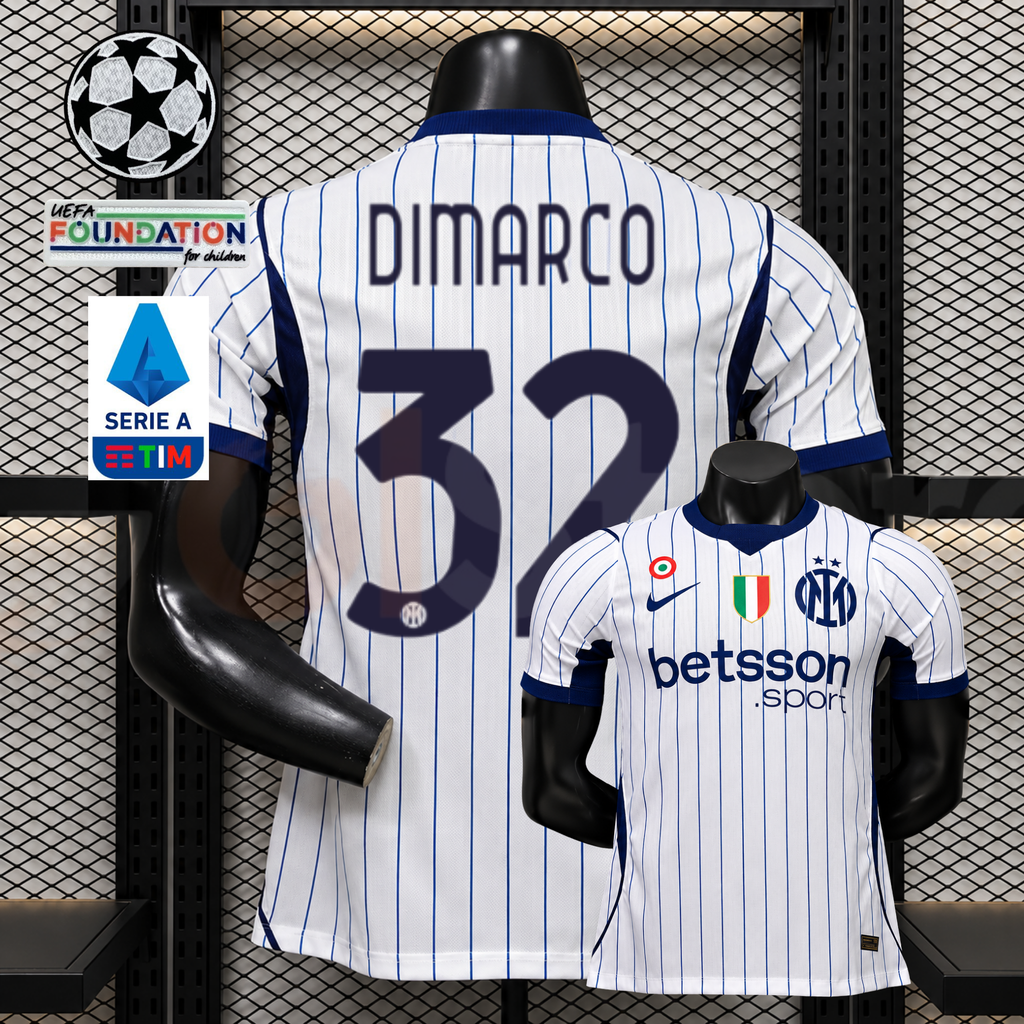  Front and back views of a white Inter Milan short-sleeve jersey with blue pinstripes, navy Dimarco number 32 print and Betsson Sport sponsor, alongside UCL and Serie A graphics.
