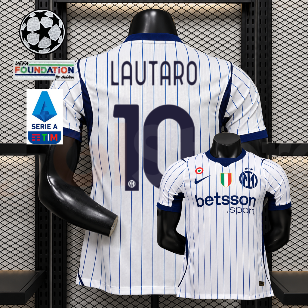 Front and back views of a white Inter Milan short-sleeve jersey with thin blue pinstripes, navy Lautaro number 10 print and Betsson Sport sponsor, alongside UCL and Serie A graphics.
