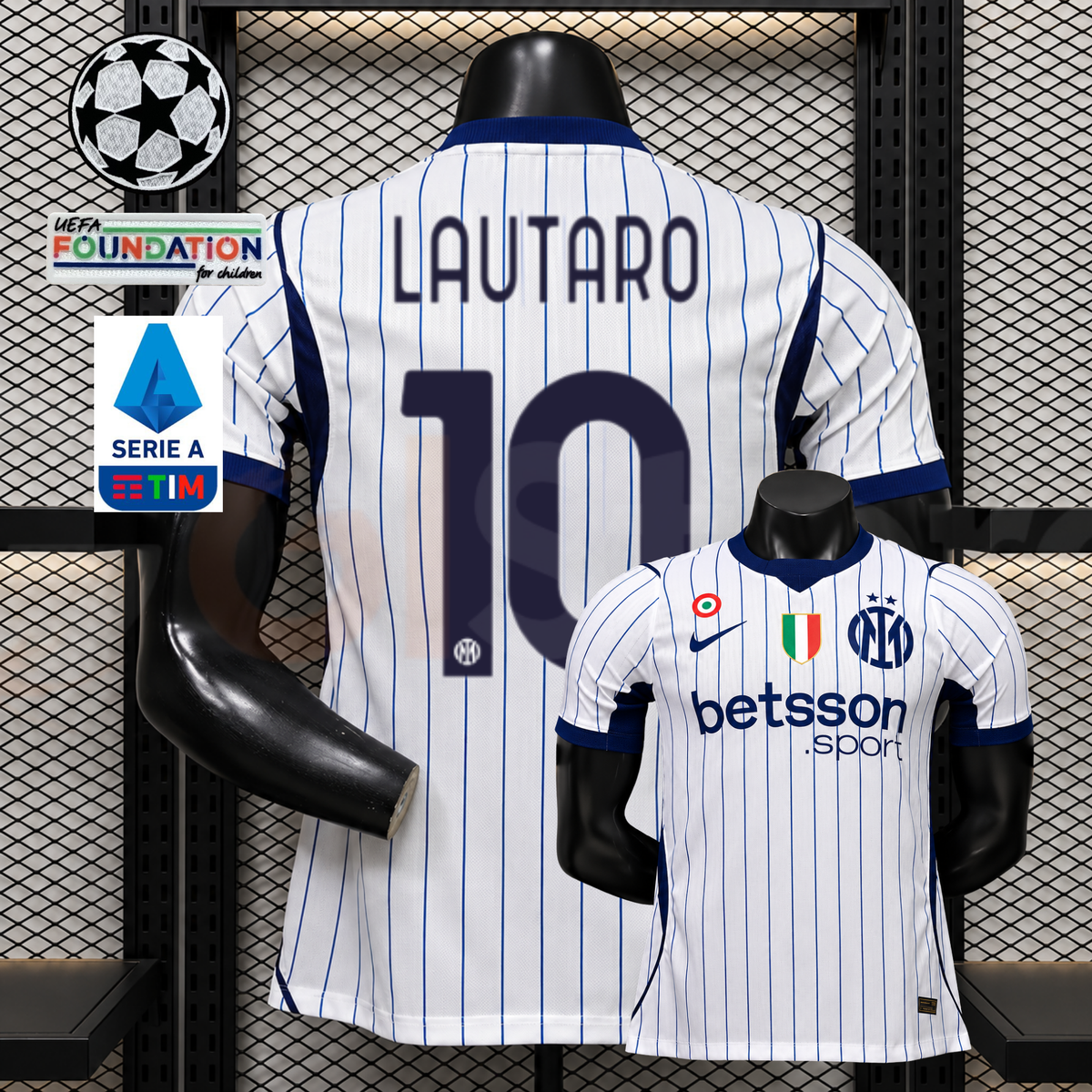 Front and back views of a white Inter Milan short-sleeve jersey with thin blue pinstripes, navy Lautaro number 10 print and Betsson Sport sponsor, alongside UCL and Serie A graphics.