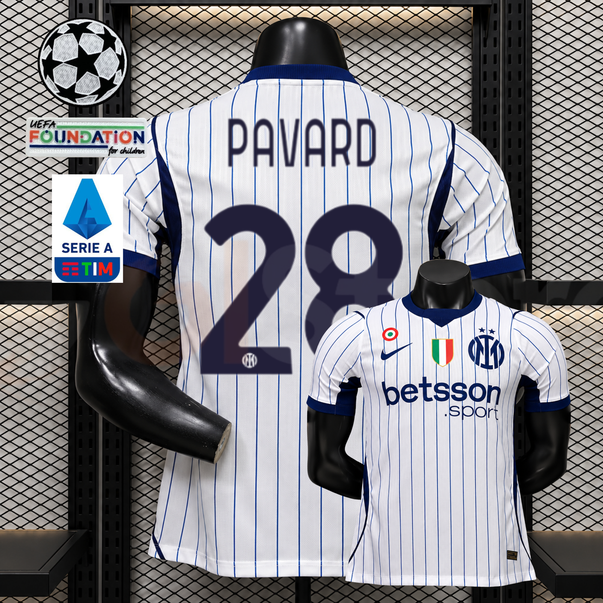  Front and back views of a white Inter Milan short-sleeve jersey with thin blue pinstripes and navy Pavard number 28 print, alongside UCL and Serie A graphics.