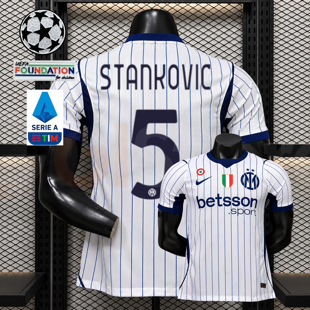 Front and back views of a white Inter Milan short-sleeve jersey with thin blue pinstripes, navy Stankovic number 5 print and Betsson Sport sponsor, alongside UCL and Serie A graphics.