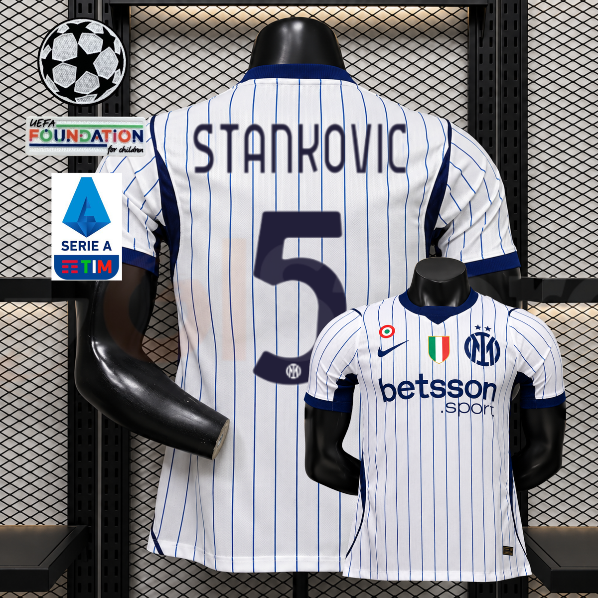 Front and back views of a white Inter Milan short-sleeve jersey with thin blue pinstripes, navy Stankovic number 5 print and Betsson Sport sponsor, alongside UCL and Serie A graphics.