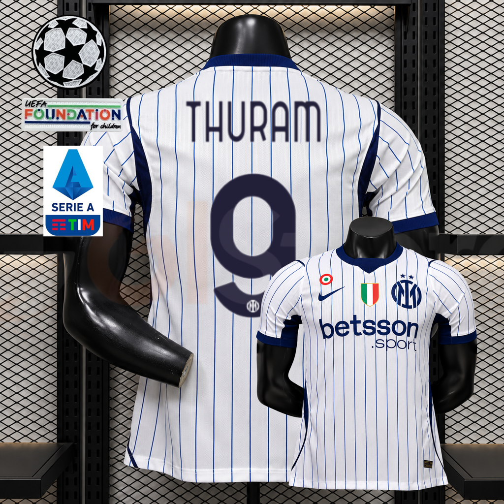 Front and back views of a white Inter Milan short-sleeve jersey with thin blue pinstripes, navy Thuram number 9 print and Betsson Sport sponsor, alongside UCL and Serie A graphics.