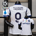 Front and back views of a white Inter Milan short-sleeve jersey with thin blue pinstripes, navy Thuram number 9 print and Betsson Sport sponsor, alongside UCL and Serie A graphics.