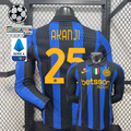 Front and back views of a blue and black striped Inter Milan long-sleeve jersey with yellow Akanji number 25 print, club crest and Betsson Sport sponsor, alongside UCL and Serie A graphics.
