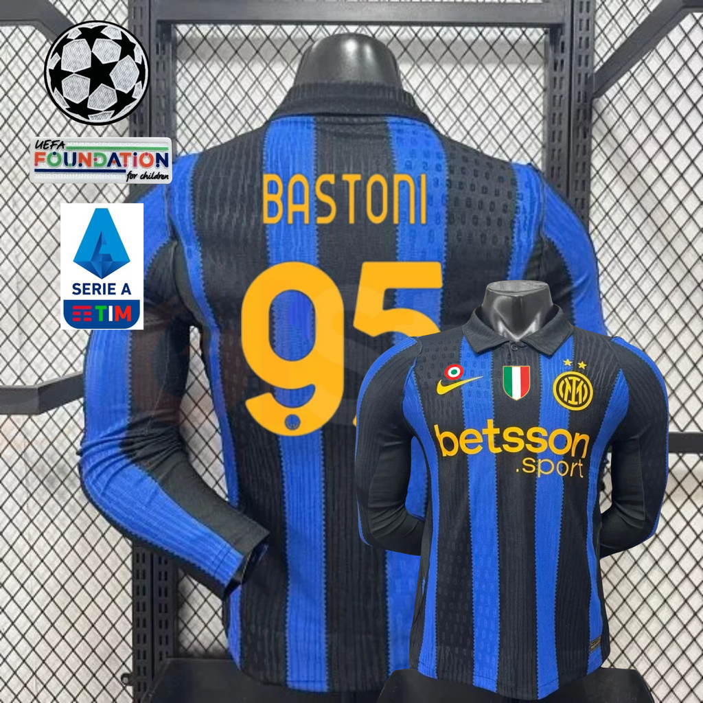 Front and back views of a blue and black striped Inter Milan long-sleeve jersey with yellow Bastoni number 95 print, club crest and Betsson Sport sponsor, alongside UCL and Serie A graphics.