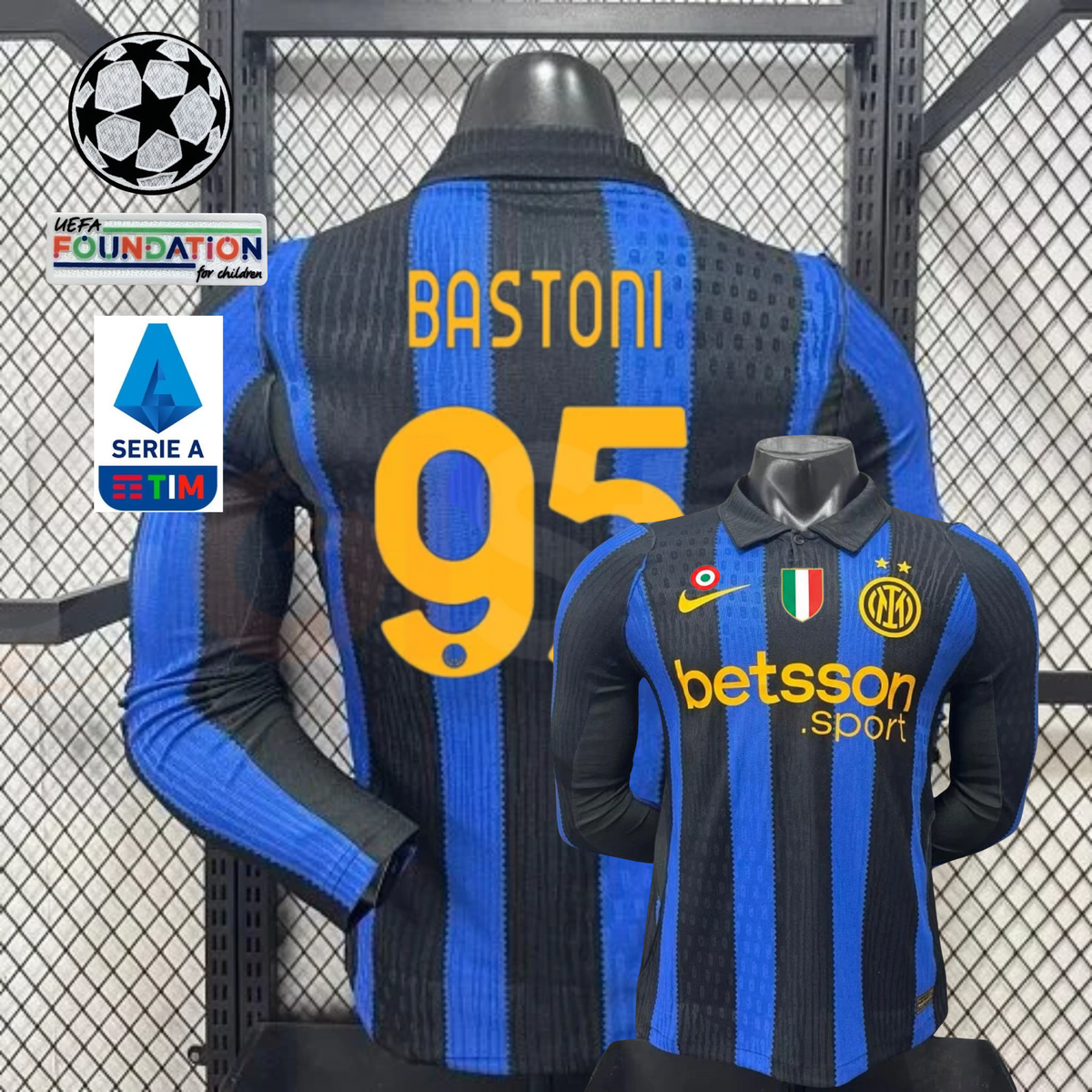  Front and back views of a blue and black striped Inter Milan long-sleeve jersey with yellow Bastoni number 95 print, club crest and Betsson Sport sponsor, alongside UCL and Serie A graphics.