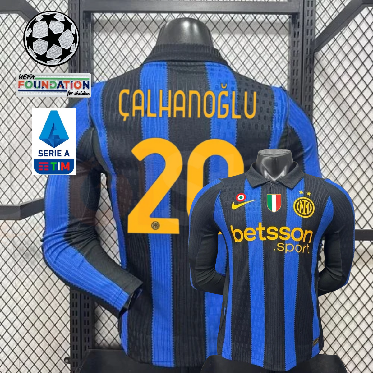 Front and back views of a blue and black striped Inter Milan long-sleeve jersey with yellow Çalhanoğlu number 20 print, club crest and Betsson Sport sponsor, alongside UCL and Serie A graphics.