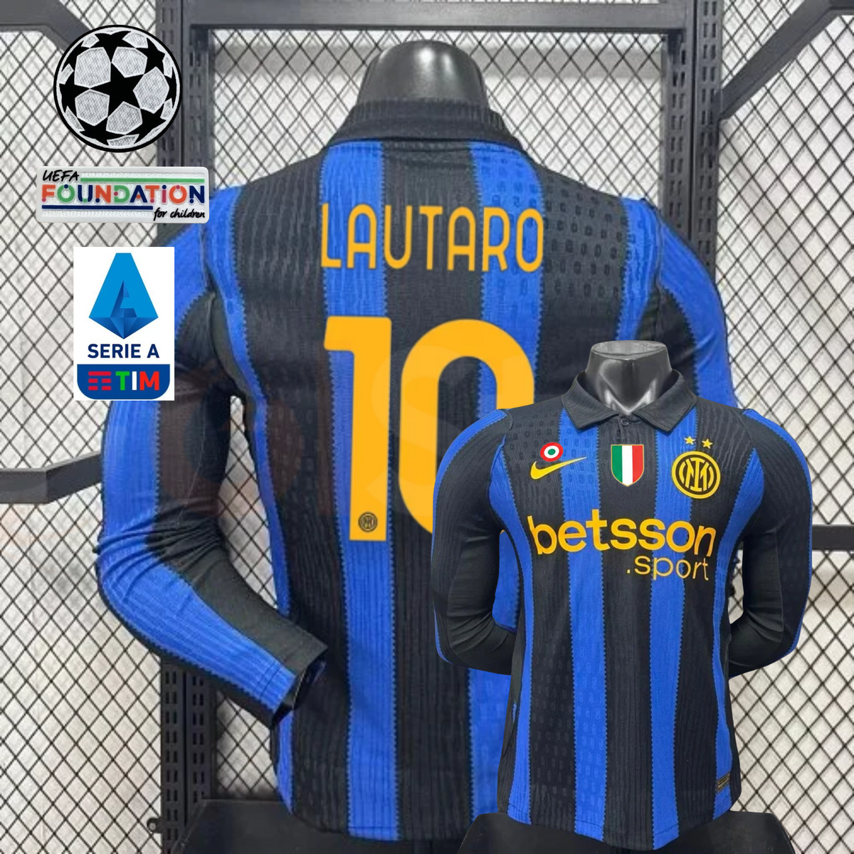 Front and back views of a blue and black striped Inter Milan long-sleeve jersey with yellow Lautaro number 10 print, club crest and Betsson Sport sponsor, alongside UCL and Serie A graphics.