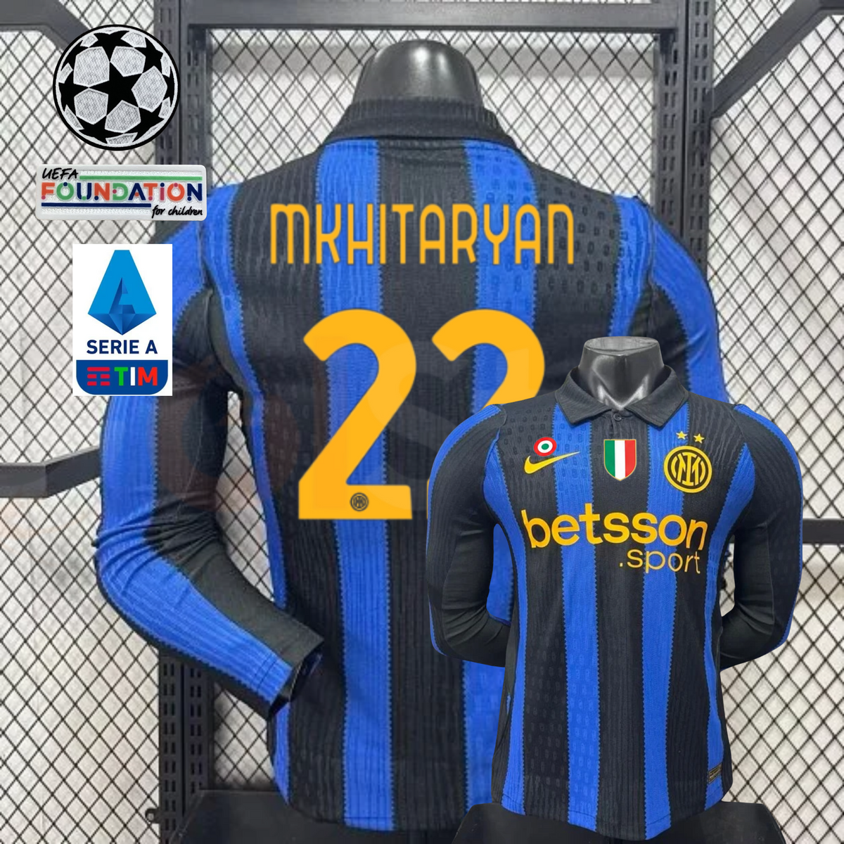 Front and back views of a blue and black striped Inter Milan long-sleeve jersey with yellow Mkhitaryan number 22 print, club crest and Betsson Sport sponsor, alongside UCL and Serie A graphics.