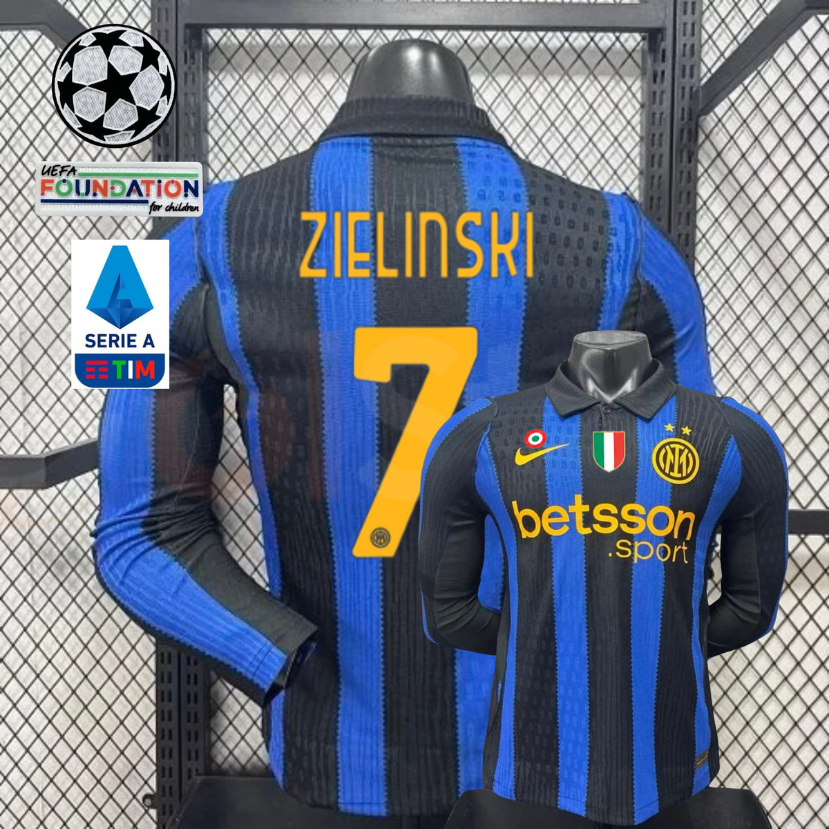 Front and back views of a blue and black striped Inter Milan long-sleeve jersey with yellow Zielinski number 7 print, club crest and Betsson Sport sponsor, alongside UCL and Serie A graphics.