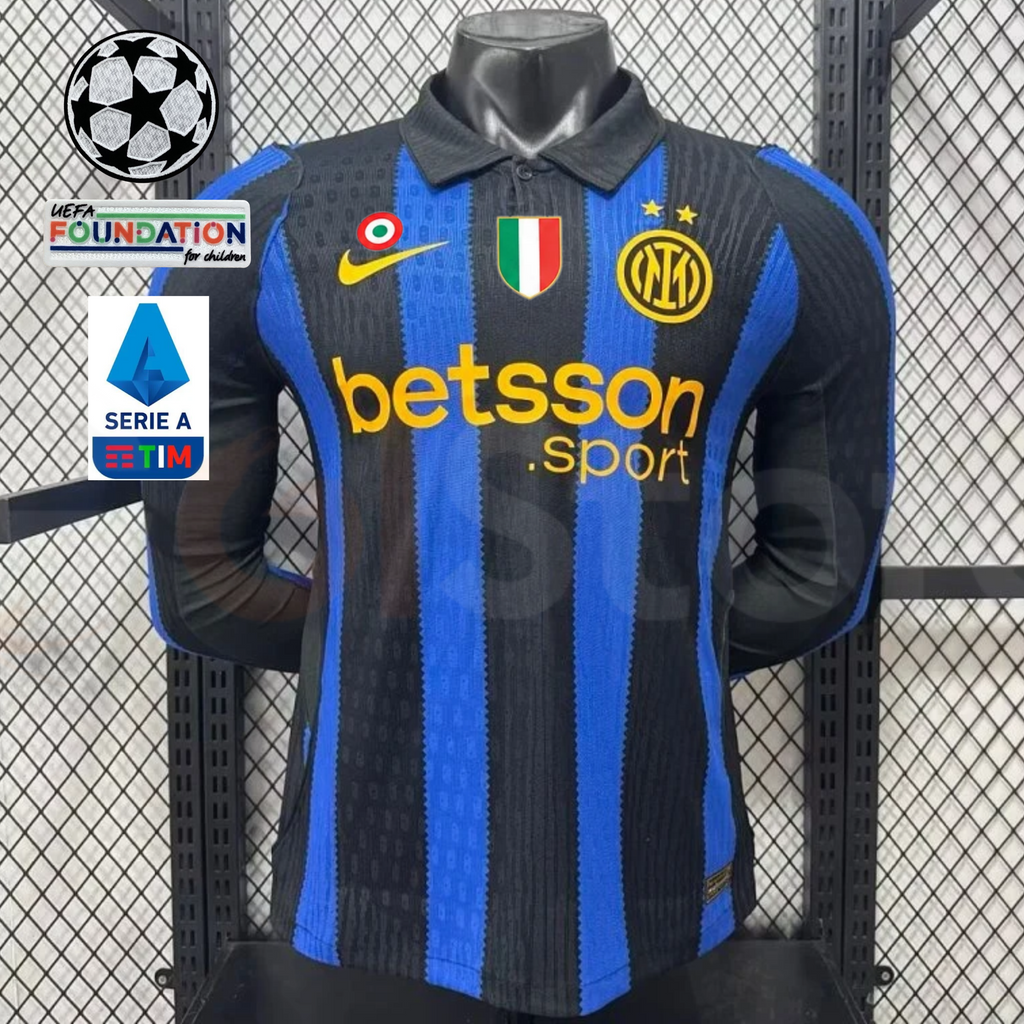  Front view of a blue and black striped Inter Milan long-sleeve jersey with a black collar, yellow club crest and Betsson Sport sponsor, alongside UCL and Serie A graphics.