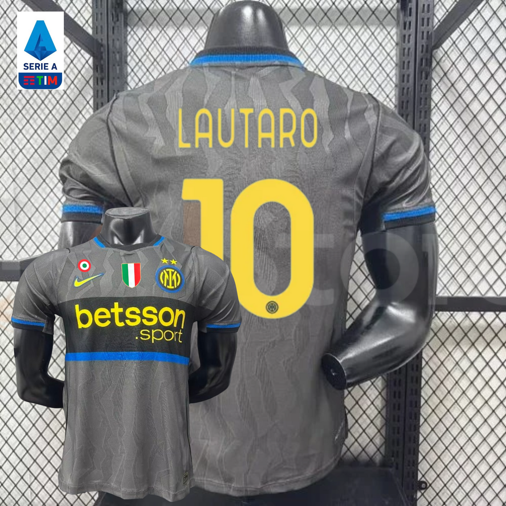 Front and back views of a grey Inter Milan short-sleeve third jersey with blue trim, yellow Lautaro number 10 print and Betsson Sport sponsor, alongside a Serie A badge graphic.