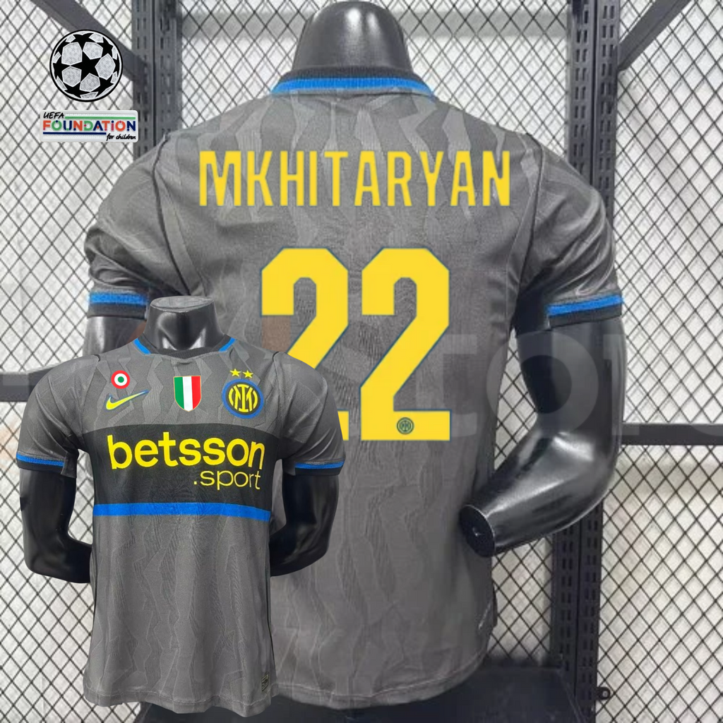  Front and back views of a grey Inter Milan short-sleeve third jersey with blue trim, yellow Mkhitaryan number 22 print and Betsson Sport sponsor.