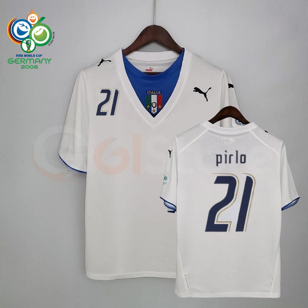 Front and back views of a white Italy short-sleeve retro away jersey with a blue neckline panel, dark Pirlo number 21 print and sleeve patches, alongside a Germany 2006 World Cup graphic.