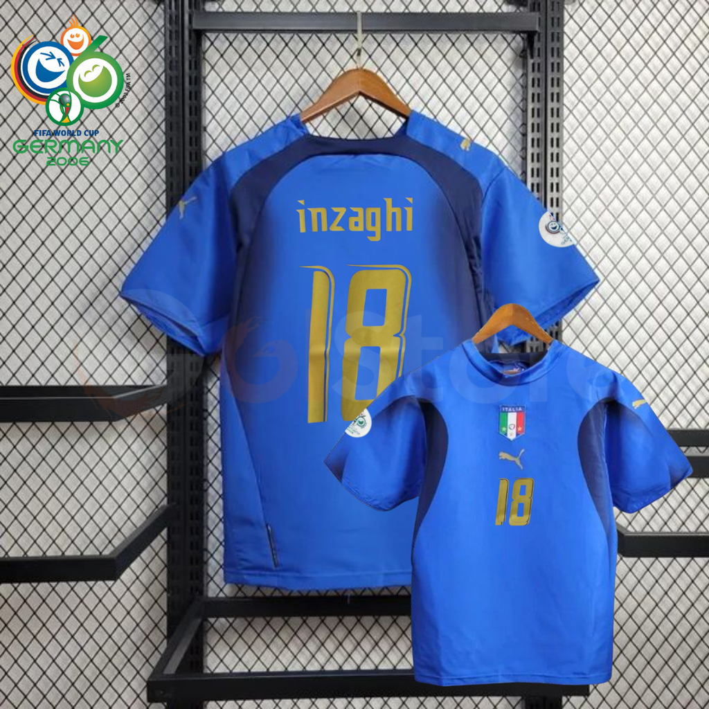 Front and back views of a blue Italy short-sleeve retro home jersey with dark panels, gold Inzaghi number 18 print and sleeve patches, alongside a Germany 2006 World Cup graphic.