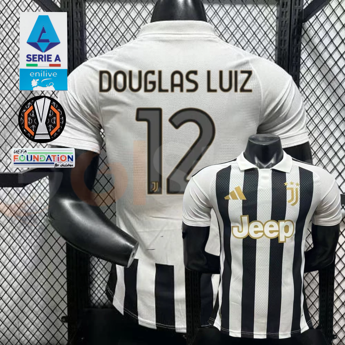 Juventus black and white short-sleeve jersey, front and back views with DOUGLAS LUIZ 12 print, white polo collar and gold Jeep detailing.
