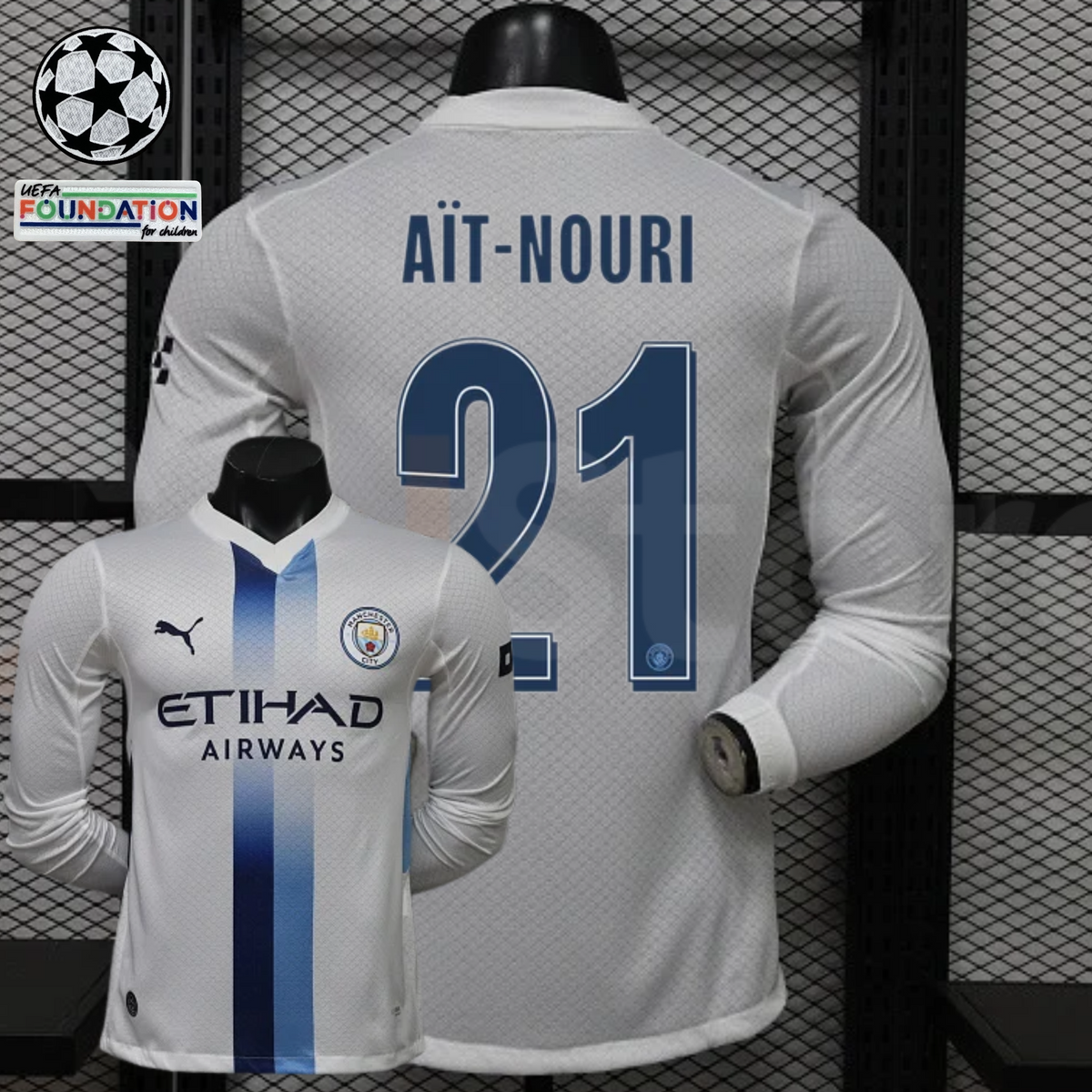 Front and back views of a white Manchester City long-sleeve jersey with blue central stripes, blue Aït-Nouri number 21 print and Etihad Airways sponsor, alongside UCL graphics.