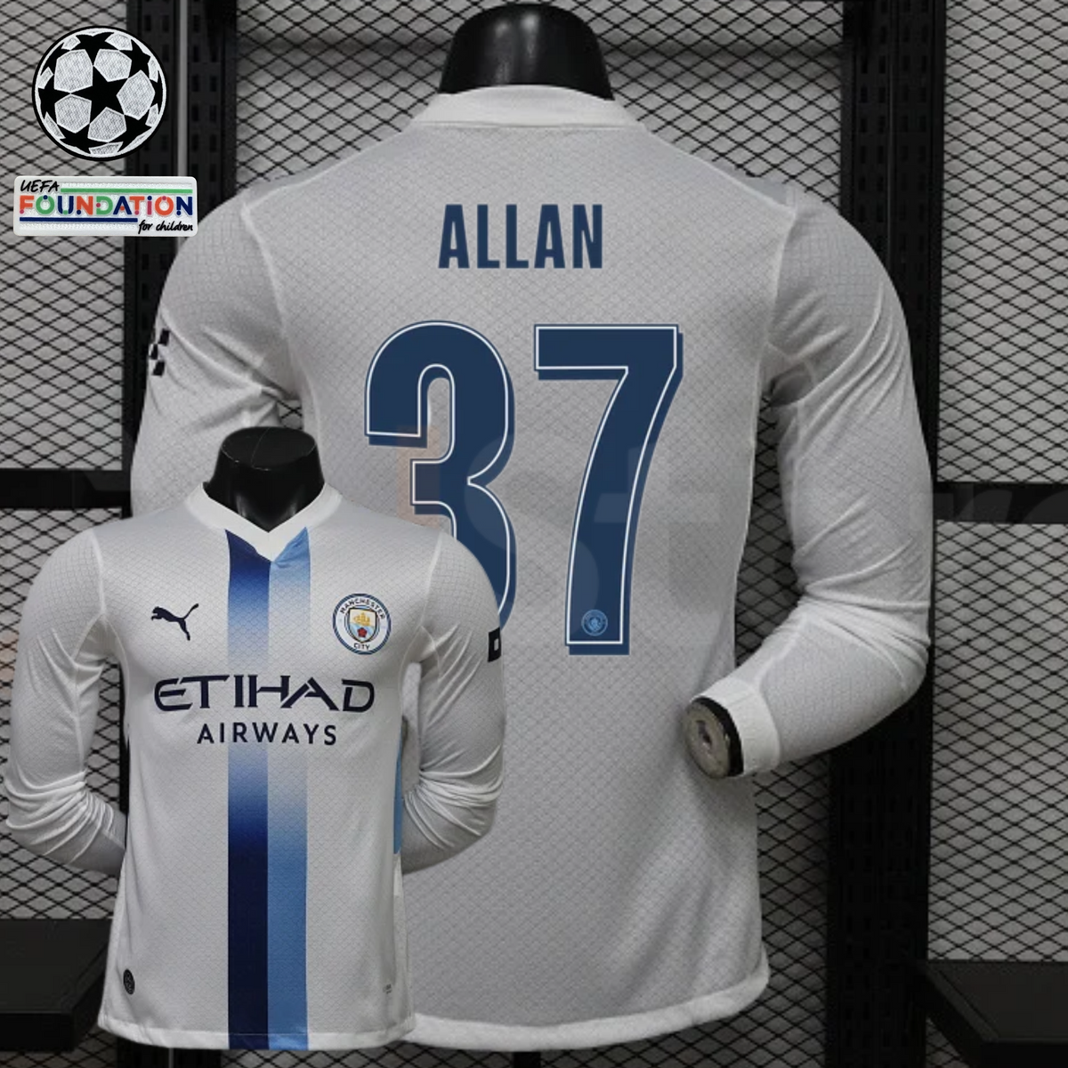 Front and back views of a white Manchester City long-sleeve jersey with blue central stripes, blue Allan number 37 print and Etihad Airways sponsor, alongside UCL graphics.