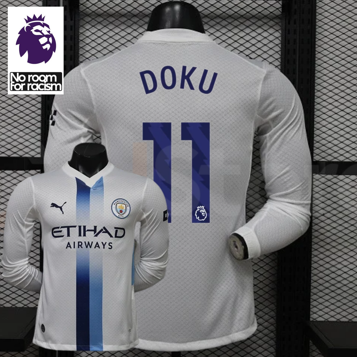 Front and back views of a white Manchester City long-sleeve jersey with blue central stripes and Doku number 11 print, alongside a Premier League graphic.
