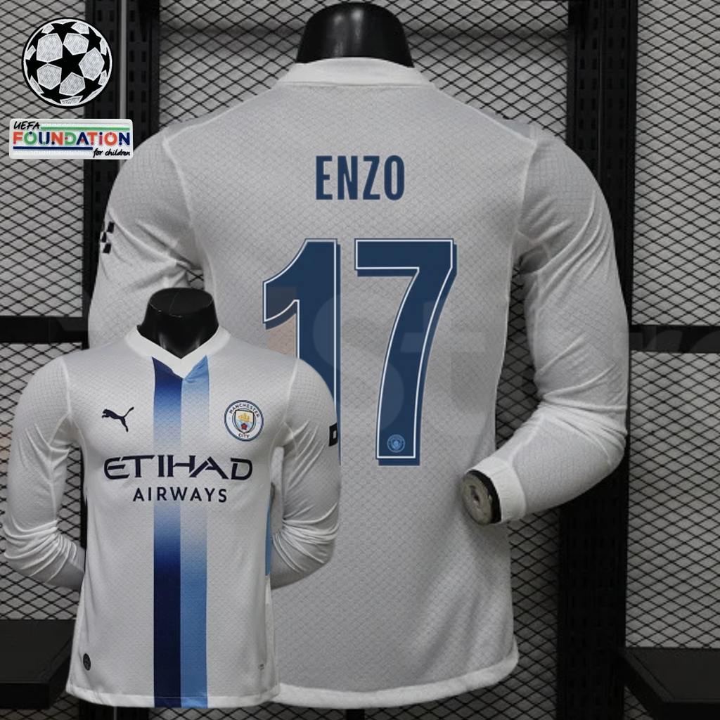 Front and back views of a white Manchester City long-sleeve jersey with blue central stripes, blue Enzo number 17 print and Etihad Airways sponsor, alongside UCL graphics.