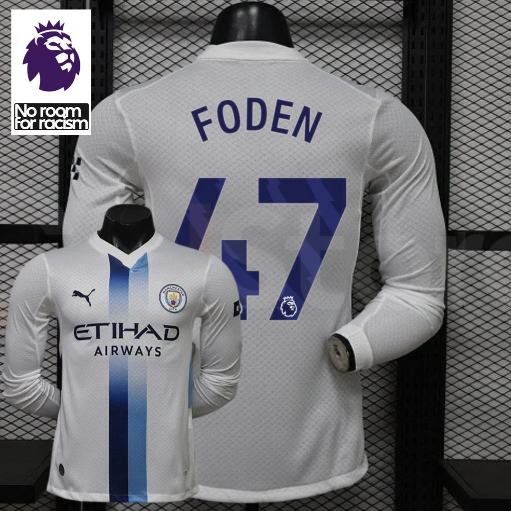 Front and back views of a white Manchester City long-sleeve jersey with blue central stripes and Foden number 47 print, alongside a Premier League graphic.