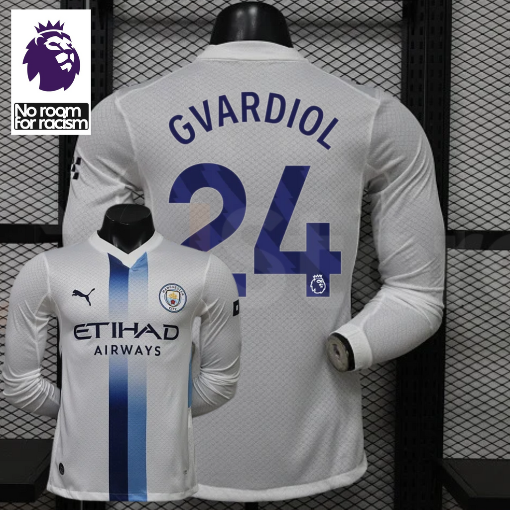Front and back views of a white Manchester City long-sleeve jersey with blue central stripes and Gvardiol number 24 print, alongside a Premier League graphic.