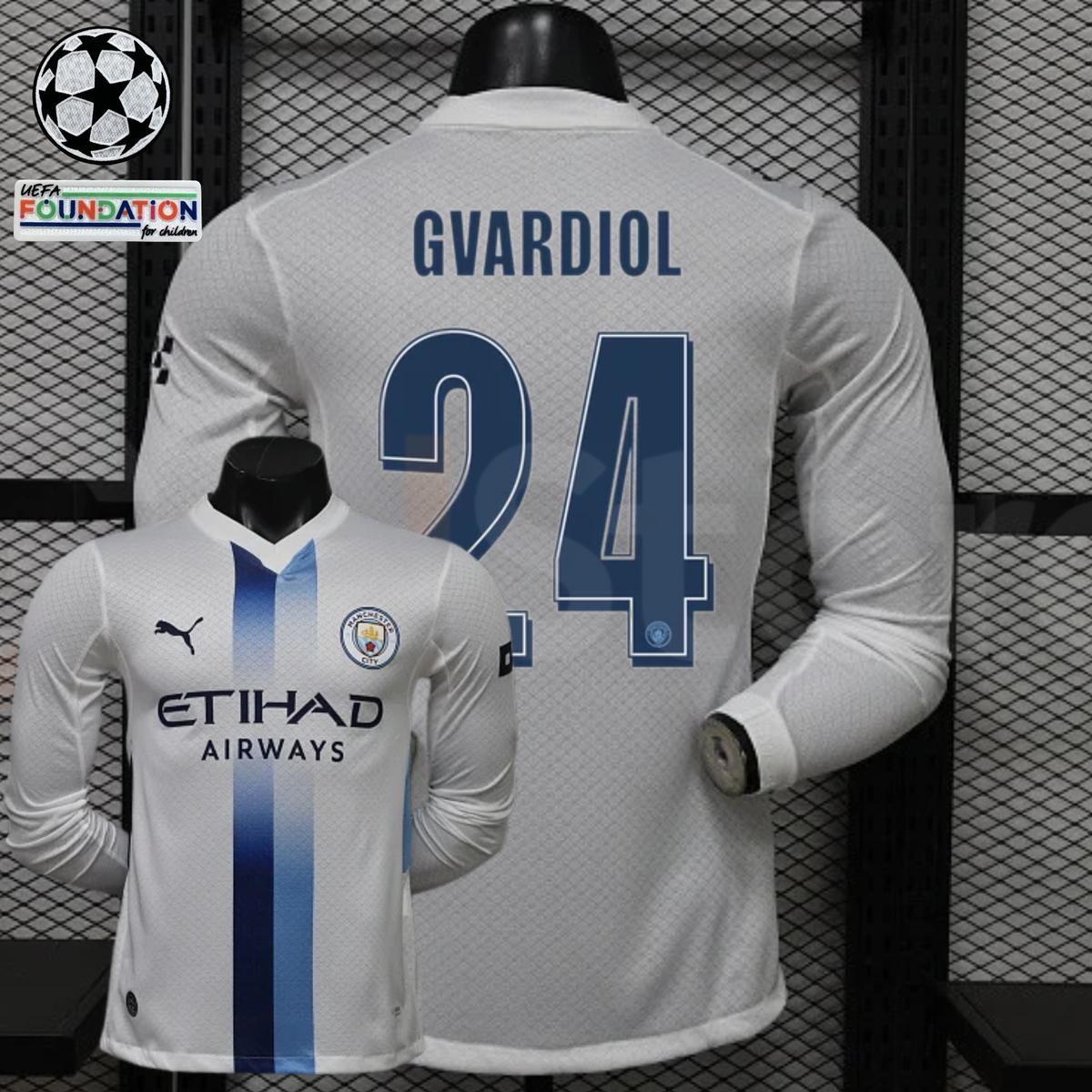 Front and back views of a white Manchester City long-sleeve jersey with blue central stripes, blue Gvardiol number 24 print and Etihad Airways sponsor, alongside UCL graphics.