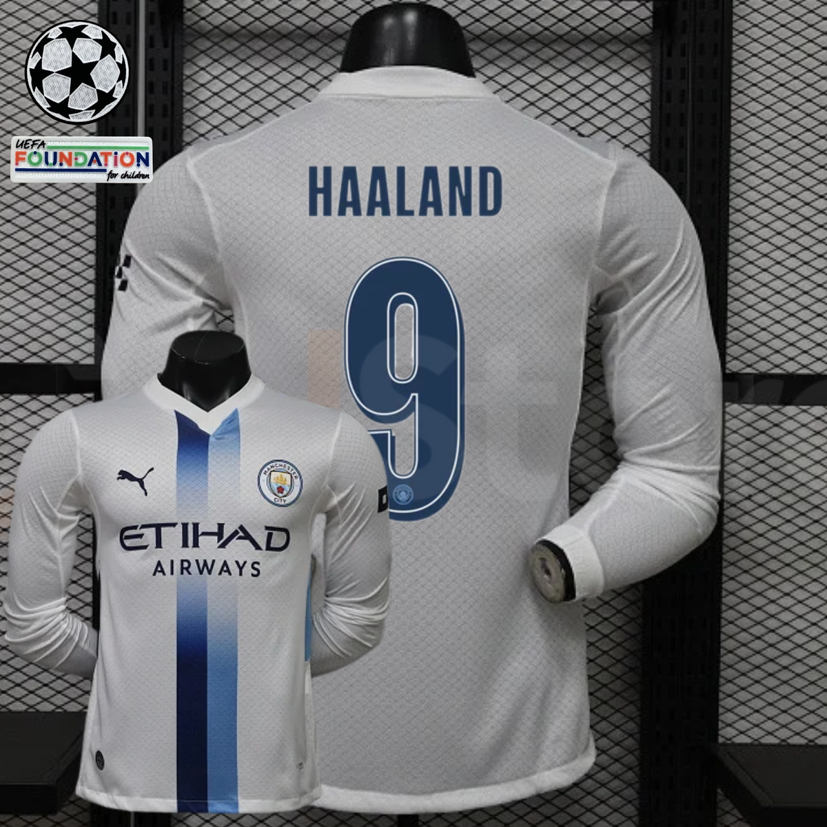 Front and back views of a white Manchester City long-sleeve jersey with blue central stripes, blue Haaland number 9 print and Etihad Airways sponsor, alongside UCL graphics.