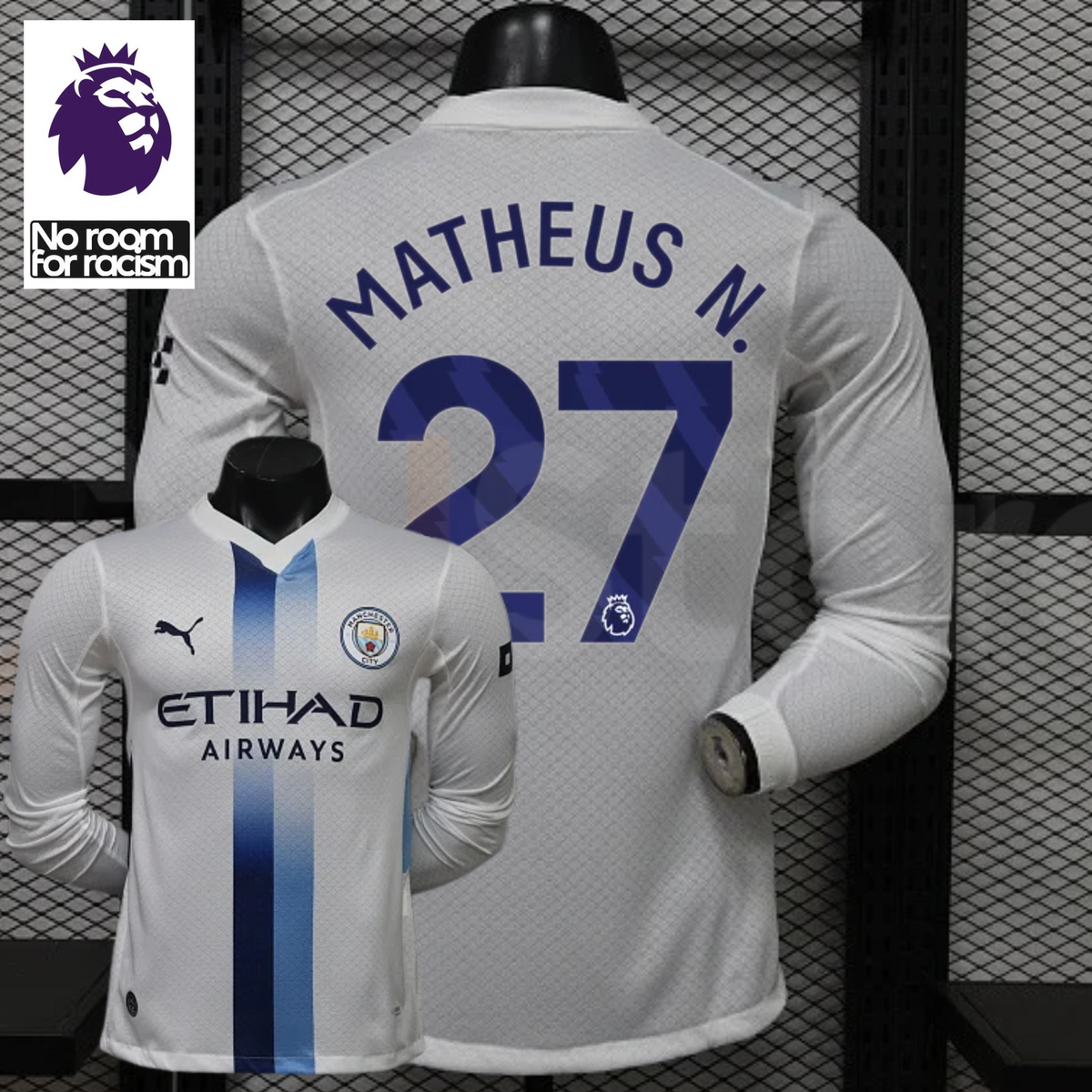 Front and back views of a white Manchester City long-sleeve jersey with blue central stripes and Matheus N. number 27 print, alongside a Premier League graphic.