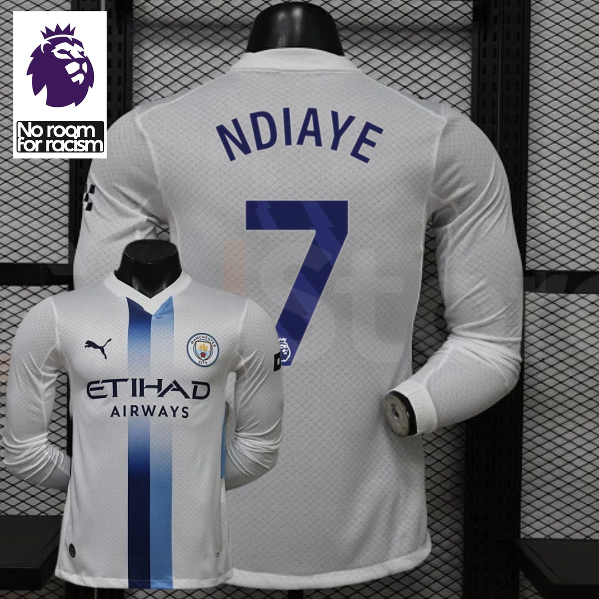 Front and back views of a white Manchester City long-sleeve jersey with blue central stripes and Ndiaye number 7 print, alongside a Premier League graphic.