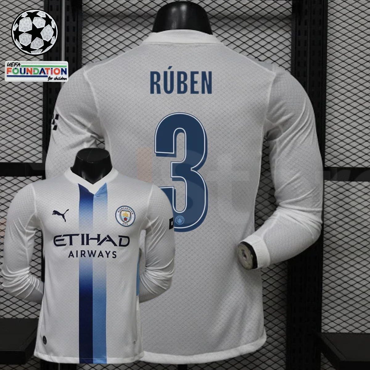  Front and back views of a white Manchester City long-sleeve jersey with blue central stripes, blue Rúben number 3 print and Etihad Airways sponsor, alongside UCL graphics.